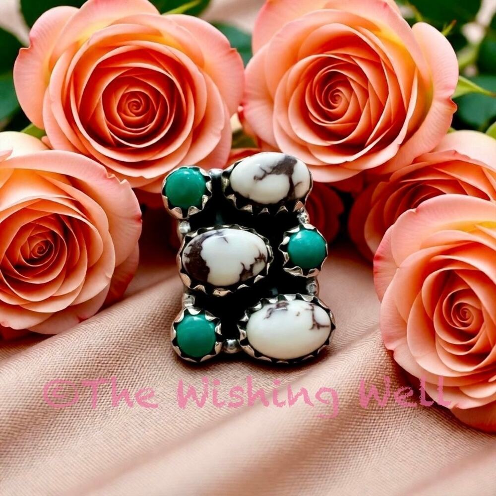 Dainty Wild Horse Jasper | Turquoise Cluster Ring Adjustable 925 | Silver